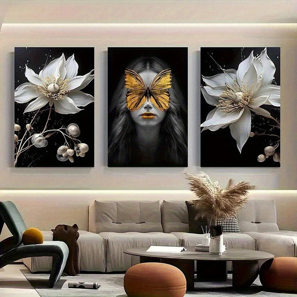 3pcs Modern Butterfly Girl and White Floral Metal Print Ready to Hang Art