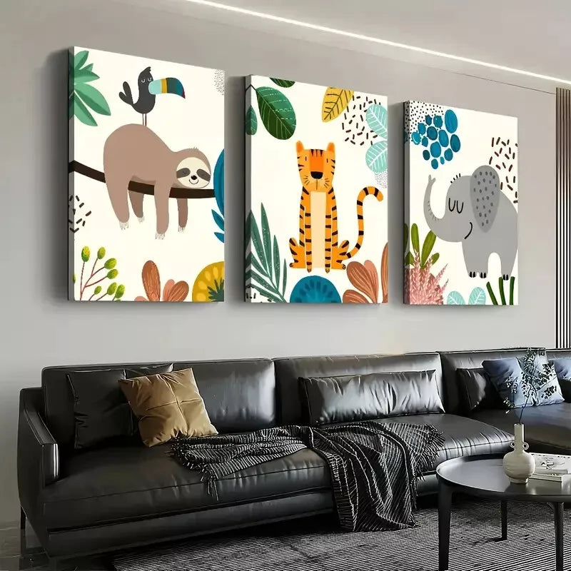 3pcs Simple Natural Plant Animal Cartoon Style Wall Art Set Canvas Framed 50x70cm - High Quality Print 100% Australian Made Wall Canvas Ready to Hang - Bella Home Decor