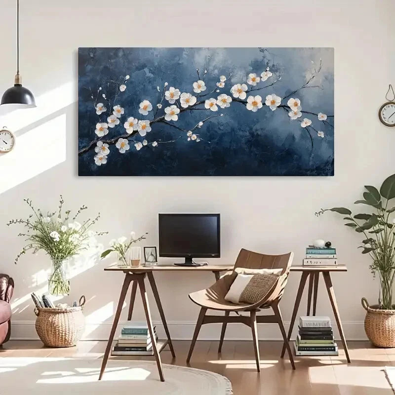 White Flowers Navy Blue Floral Wall Art Canvas Office Home Room Framed 120x60cm