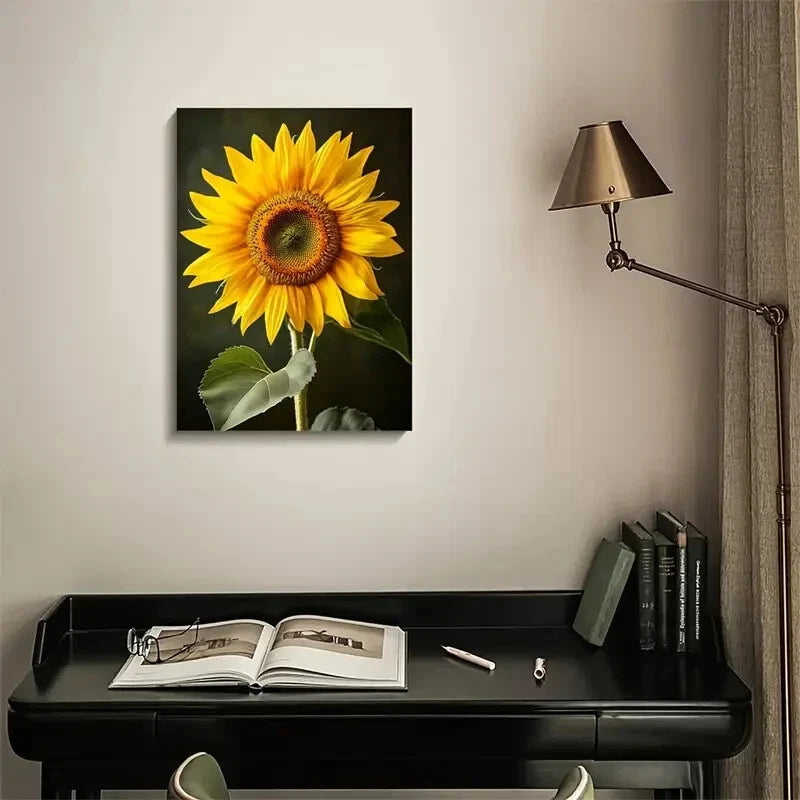 Vibrant Yellow Petals & Green Leaves, Painting 40x60cm Metal Print Ready to Hang