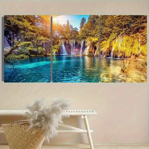 3pcs Sunlit Forest Waterfall Wall Art Set Canvas Unframed - High Quality Print 100% Australian Made Wall Canvas