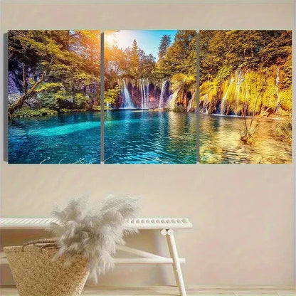 3pcs Sunlit Forest Waterfall Wall Art Set Canvas Unframed - High Quality Print 100% Australian Made Wall Canvas