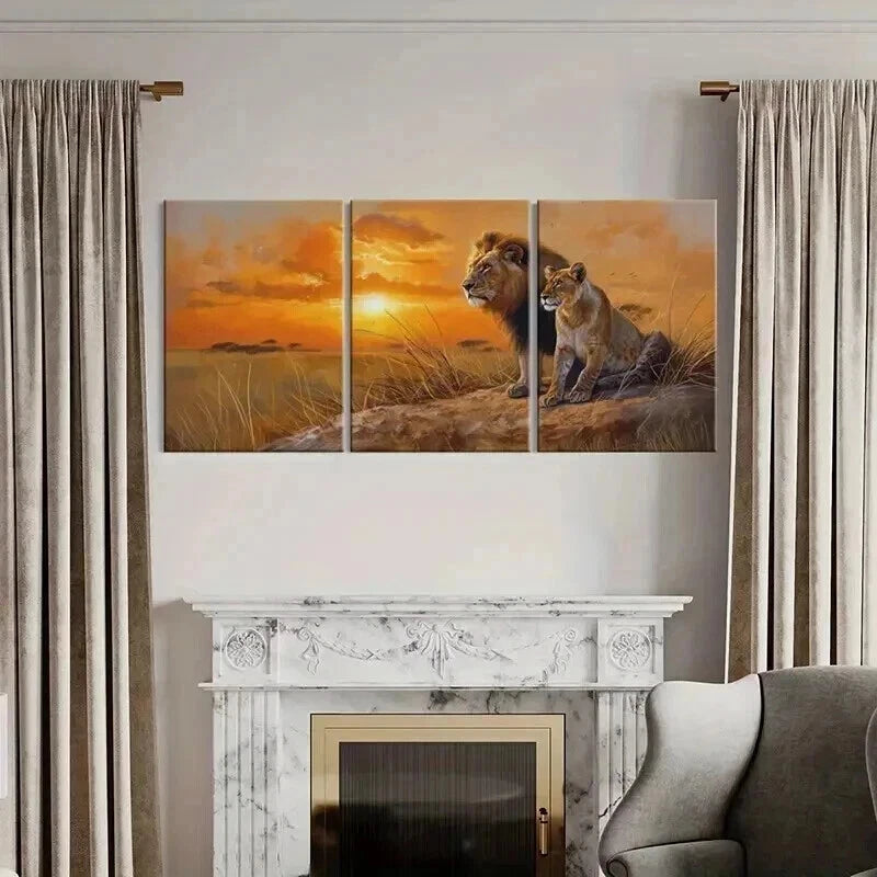 3pcs Lion Couple Sunset Grassland Majesty Metal Print Ready to Hang Art