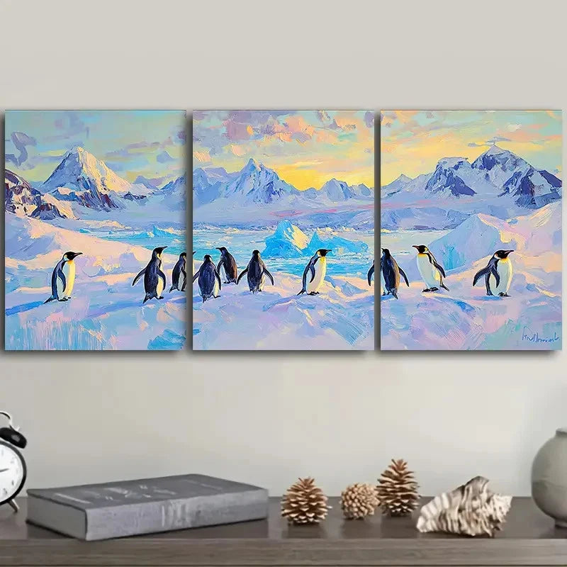 3pcs Arctic ice shelf penguins art I Wall Art Set Canvas Framed 50x70cm - High Quality Print 100% Australian Made Wall Canvas Ready to Hang