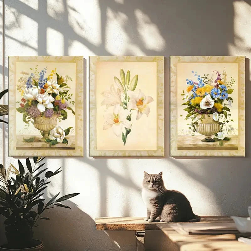3pcs Beautiful Florals Modern Flower Vase White Wall Art Set Canvas Framed 40x60cm - High Quality Print 100% Australian Made Wall Canvas Ready to Hang