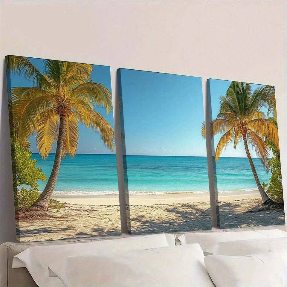 Three-panel canvas print of a tropical beach scene with palm trees.