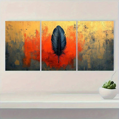 3pcs Red & Orange Feather Design Boho Metal Print Ready to Hang Art