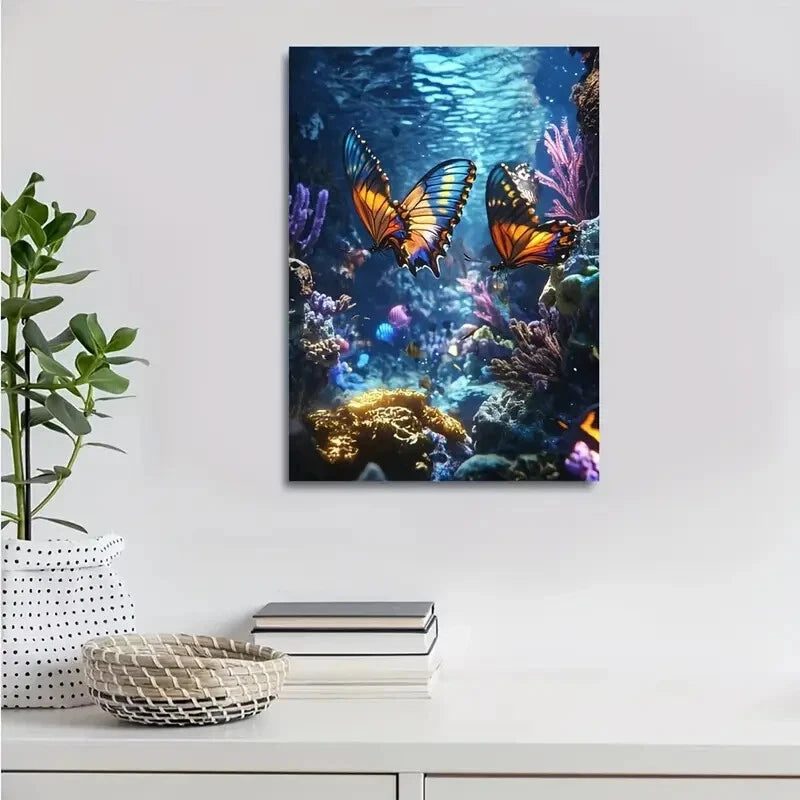 Steampunk Underwater Butterfly Scene with Neon Glow 40x60cm Metal Print Ready to Hang