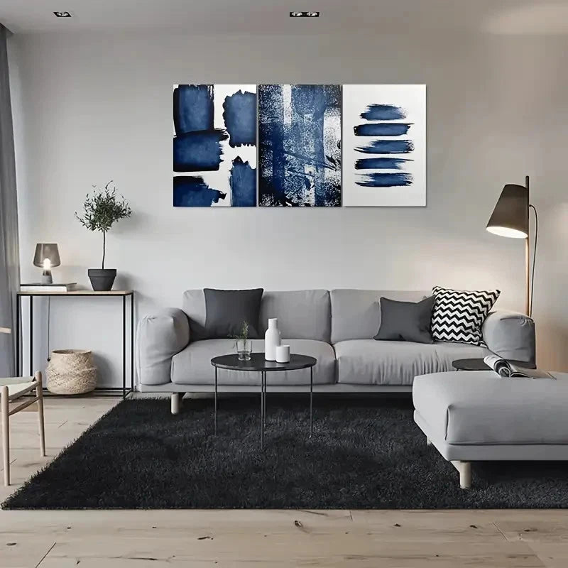 3pcs Abstract Blue Brushstroke Metal Print Ready to Hang Art