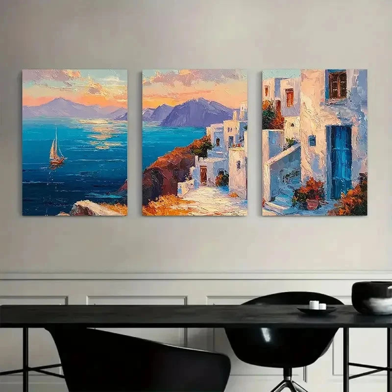 3pcs Oil Painting Vibrant Coastal Scene Metal Print Ready to Hang Art