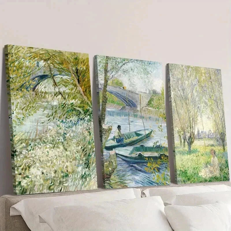 3pcs Spring River Bank & Willow Tree Scenes Wall Art Set Canvas Framed 40x60cm - High Quality Print 100% Australian Made Wall Canvas Ready to Hang