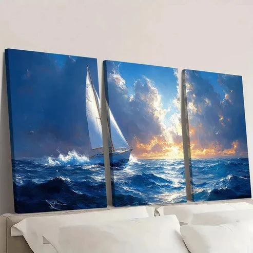 3pcs Blue Ocean Scene with Sunset and Clouds E Wall Art Set Canvas Unframed - High Quality Print 100% Australian Made Wall Canvas