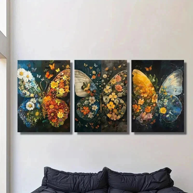3pcs Butterflies and Botanical Flowers Wall Art Set Canvas Framed 40x60cm - High Quality Print 100% Australian Made Wall Canvas Ready to Hang