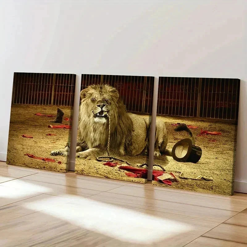 3pcs Lion in a Circus Show Modern Wall Art Set Canvas Framed 40x60cm - High Quality Print 100% Australian Made Wall Canvas Ready to Hang