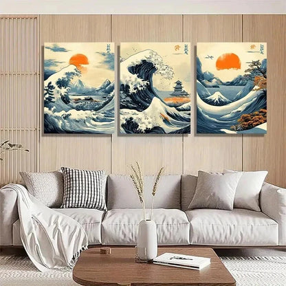 3pcs Japanese Wave Ukiyo-E Ocean Perfect Wall Art Set Canvas Framed 40x60cm - High Quality Print 100% Australian Made Wall Canvas Ready to Hang