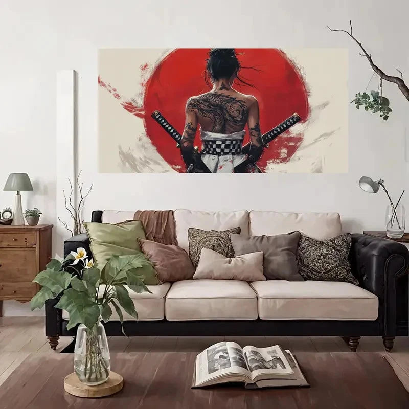 Japanese Female Warrior Tattoo Wall Art Canvas Office Home Room Framed 120x60cm