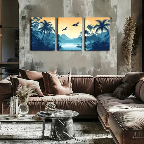 3pcs Coconut Trees Water Orange Sky Perfect Wall Art Canvas Unframed - High Quality Print 100% Australian Made Wall Canvas
