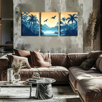3pcs Coconut Trees Water Orange Sky Perfect Wall Art Canvas Unframed - High Quality Print 100% Australian Made Wall Canvas