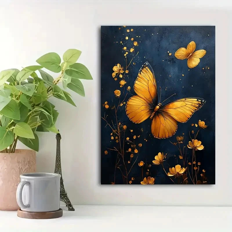 Beautiful Navy & Golden Vintage Botanical Painting 40x60cm Metal Print Ready to Hang