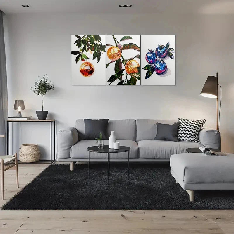 3pcs Abstract Modern Disco Ball Fruit Metal Print Ready to Hang Art