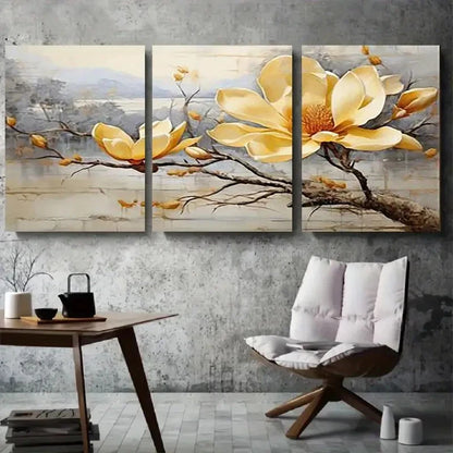 3pcs Elegant Yellow Magnolia Branch Wall Art Set Canvas Framed 40x60cm - High Quality Print 100% Australian Made Wall Canvas Ready to Hang