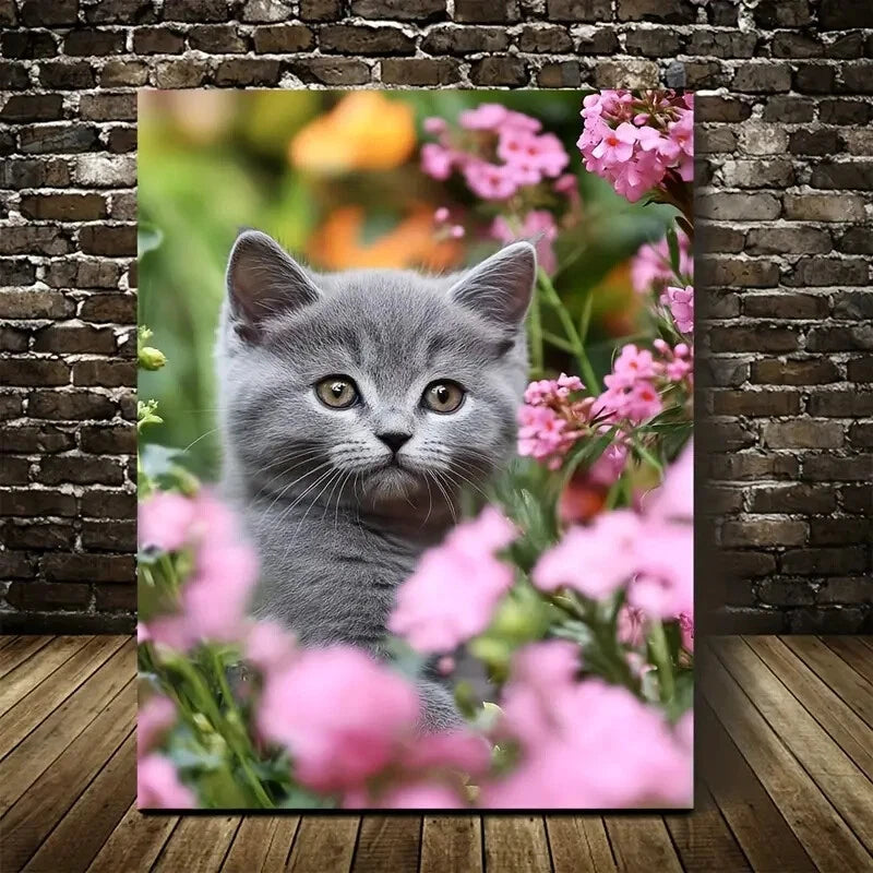 Adorable British Shorthair Kitten with Vibrant Flowers 40x60cm Metal Print Ready to Hang