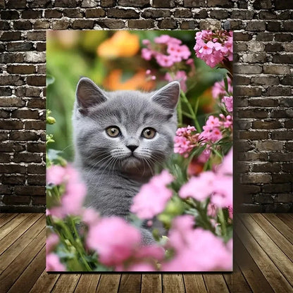 Adorable British Shorthair Kitten with Vibrant Flowers 40x60cm Metal Print Ready to Hang