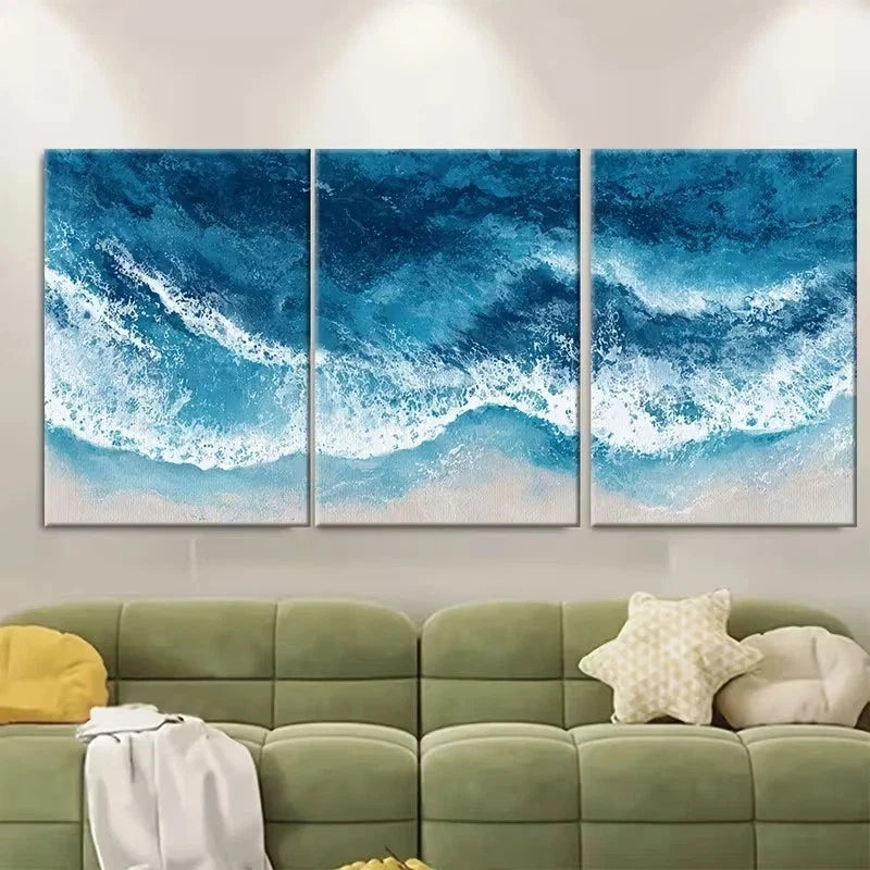 3pcs Abstract Blue Seaside Illustration Wall Art Set Canvas Framed 40x60cm – High Quality Print 100% Australian Made Wall Canvas Ready to Hang