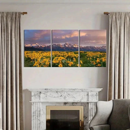3pcs Flower Fields Mountains Sunset Modern Wall Art Set Canvas Framed 40x60cm - High Quality Print 100% Australian Made Wall Canvas Ready to Hang