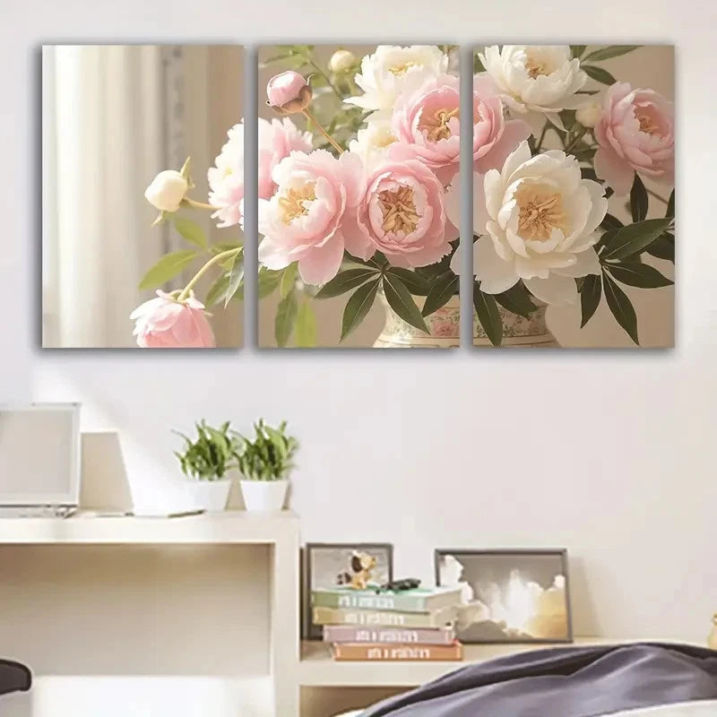 3pcs Elegant Pink & White Floral Bouquet In Vase Wall Art Set Canvas Framed 50x70cm - High Quality Print 100% Australian Made Wall Canvas Ready to Hang