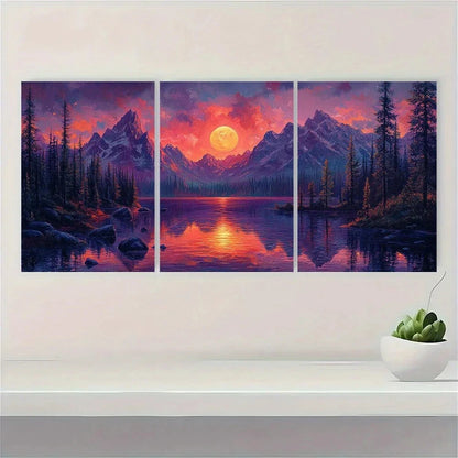 3pcs Surrealist Mountain Vibrant Purple Metal Print Ready to Hang Art