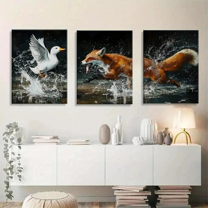 3pcs Fox & Duck Nature Scene with Splash Water Wall Art Set Canvas Framed 40x60cm - High Quality Print 100% Australian Made Wall Canvas Ready to Hang