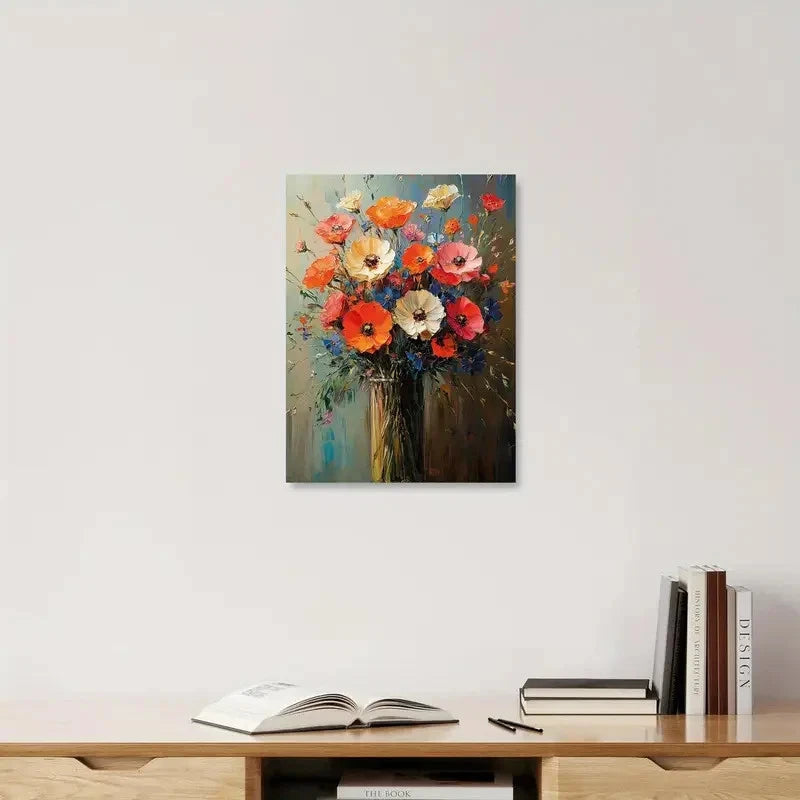Floral painting on a wall above a wooden shelf with books and an open book.