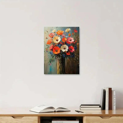 Floral painting on a wall above a wooden shelf with books and an open book.