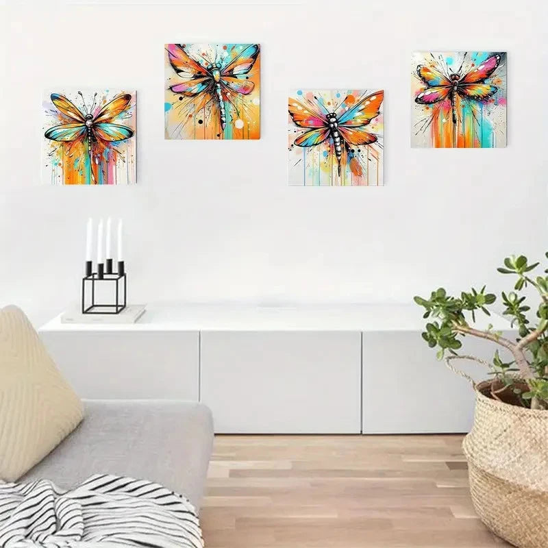 4pcs Colorful Dragonfly Prints  Wall Art Canvas Framed