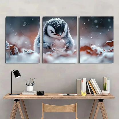 3pcs Adorable Penguin Snow Globe Metal Print Ready to Hang Art