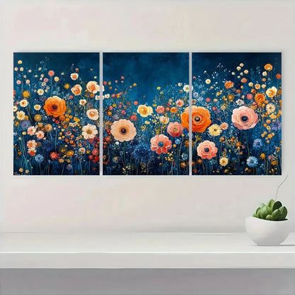 3pcs Vibrant Floral Design Blue Garden Wall Art Set Canvas Framed 50x70cm - High Quality Print 100% Australian Made Wall Canvas Ready to Hang