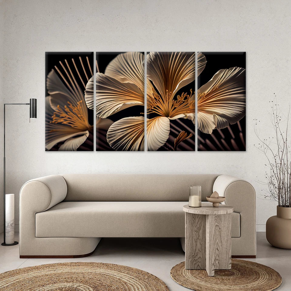 4pcs Elegant Gold and White Floral Wall Art Canvas Framed 45x80cm - High Quality Print 100% Australian Made Wall Canvas Ready to Hang