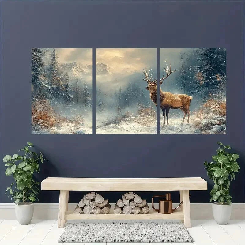 3pcs Seasonal Decoration Deer Winter Forest Wall Art Set Canvas Framed 40x60cm - High Quality Print 100% Australian Made Wall Canvas Ready to Hang