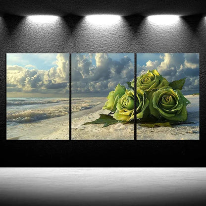 3pcs Green Roses on The Beach Metal Print Ready to Hang Art