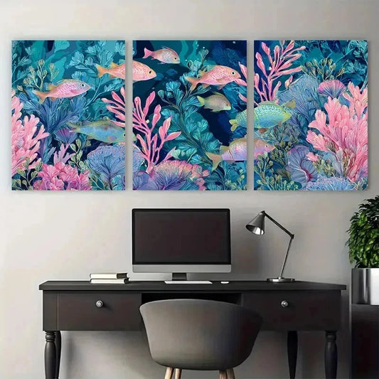 3pcs Vibrant Underwater Scene Fish Perfect  Wall Art Set Canvas Framed 60x90cm - High Quality Print 100% Australian Made Wall Canvas Ready to Hang