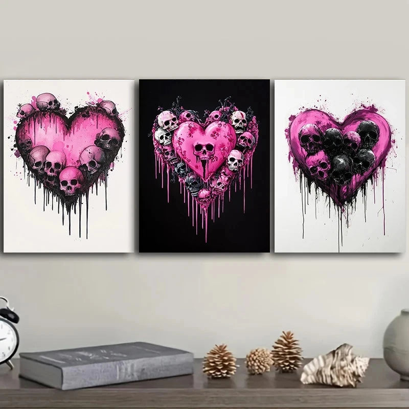 3pcs Gothic Heart and Skull Pink Themed Metal Print Ready to Hang Art