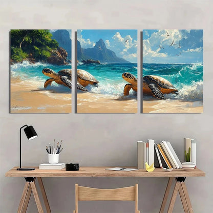 3pcs Beach Vibrant Ocean Scene with Sea Turtles Metal Print Ready to Hang Art