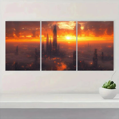 3pcs Dystopian Metropolis Sunset Metal Print Ready to Hang Art