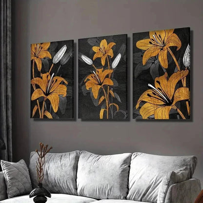3pcs Modern Luxury Floral Golden Lily Wall Art Set Canvas Framed 40x60cm - High Quality Print 100% Australian Made Wall Canvas Ready to Hang