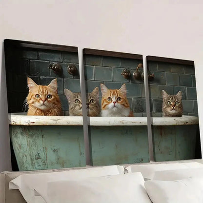 3pcs Playful Cat Vintage Painting Wall Art Set Canvas Framed 40x60cm - High Quality Print 100% Australian Made Wall Canvas Ready to Hang