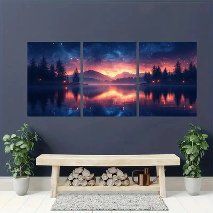 3pcs Pine Trees & Mountain Night Sky Landscape Metal Print Ready to Hang Art