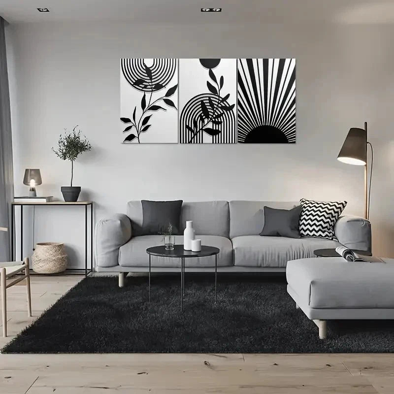 3pcs Black and White Geometric Leaves & Sunburst Metal Print Ready to Hang Art