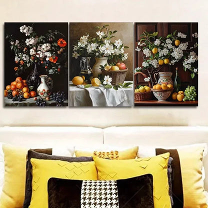 3pcs Fruit, Flowers, And A Jug Floral Wall Art Set Canvas Framed 60x90cm - High Quality Print 100% Australian Made Wall Canvas Ready to Hang