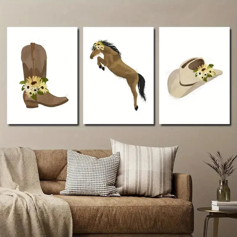 3pcs Hat & Jumping Horse Yellow Daisy Perfect Wall Art Set Canvas Framed 40x60cm - High Quality Print 100% Australian Made Wall Canvas Ready to Hang